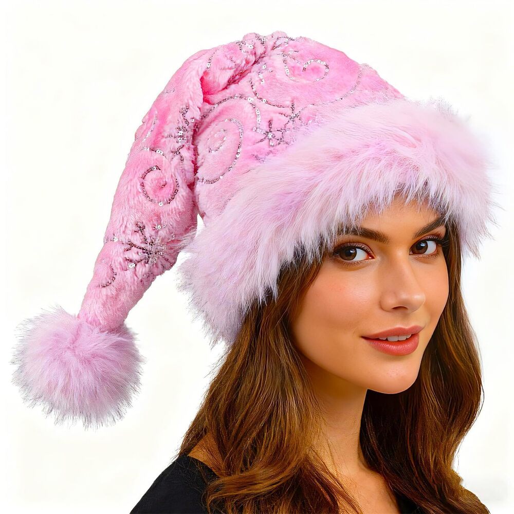 2966 Snowflake Sequins Santa Hat, Pink Plush Hat Comfortable Holiday Soft